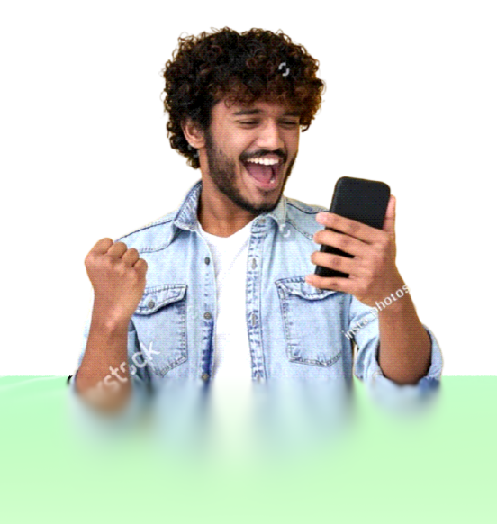 Man cheering while looking at his phone