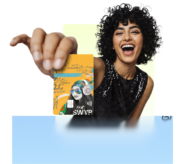 Woman laughing and holding out her FIRST SWYP Credit Card