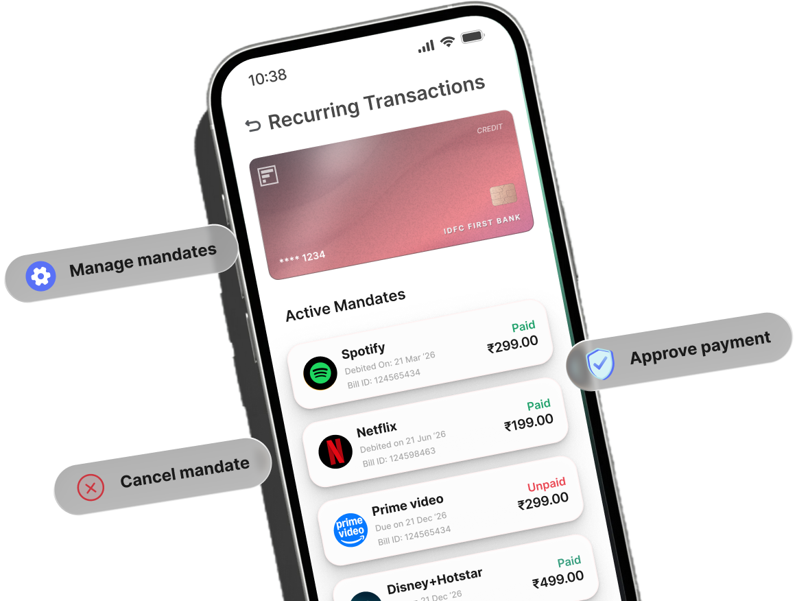 Recurring Transactions screen on the IDFC FIRST Bank mobile app showing active mandates for Spotify, Netflix, Prime Video and Disney+ Hotstar