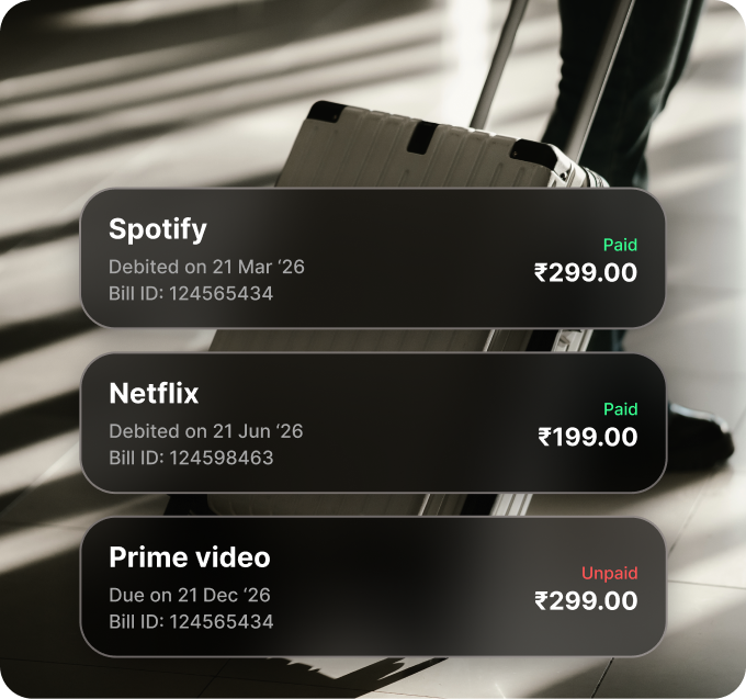 IDFC FIRST Bank app listing Spotify, Netflix and Prime Video recurring payments with their paid and unpaid status