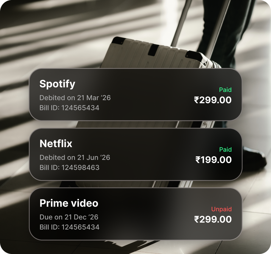 IDFC FIRST Bank app listing Spotify, Netflix and Prime Video recurring payments with their paid and unpaid status