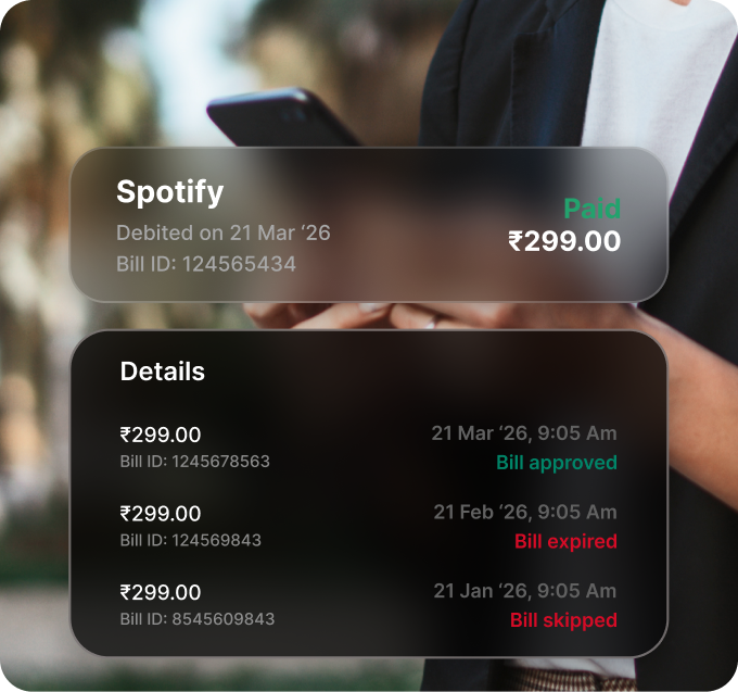 Bill history for a Spotify recurring payment showing bills that were approved, expired and skipped