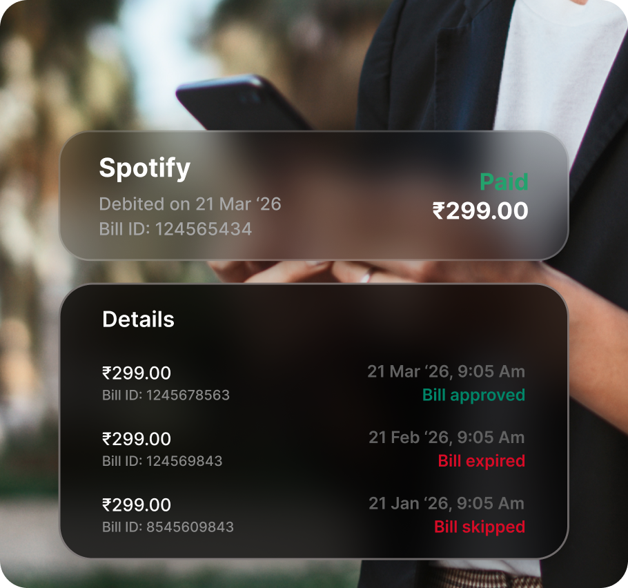 Bill history for a Spotify recurring payment showing bills that were approved, expired and skipped